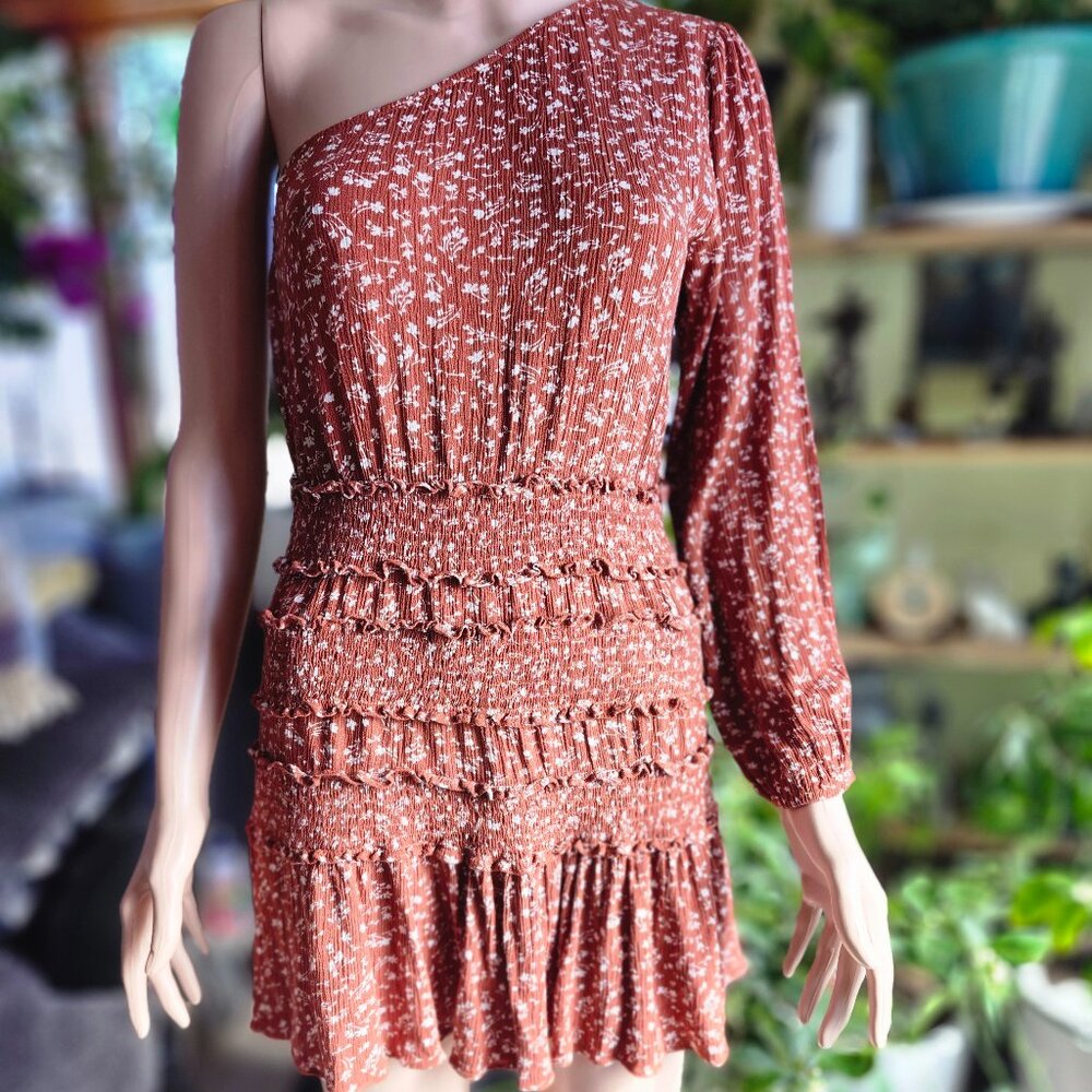 BaeVely Rust & White Floral Smocked Mini Dress • Size M